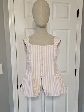Pink Striped Peplum Button Tank Top
